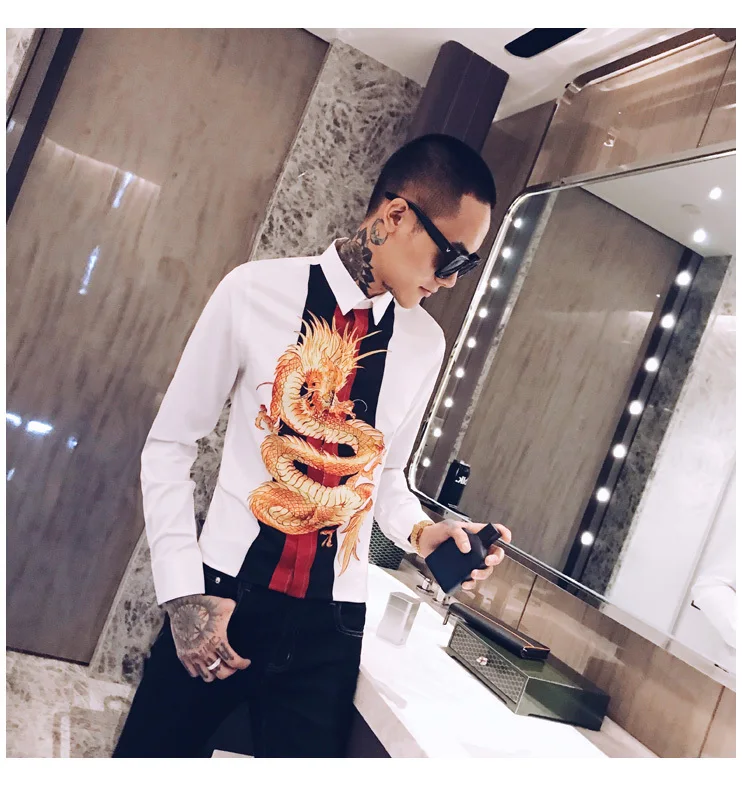 Роскошные сплайсированные ночной клуб смокинг модное платье рубашка Camisa Hombre Slim Fit рубашка Мужская Уличная с принтом дракона Мужская рубашка мужские рубашки