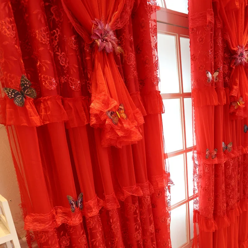 2PCS Red Roses Embroidered Wedding Lace Curtains Finished Customization Princess For Living Room Bedroom lace Curtain | Дом и сад