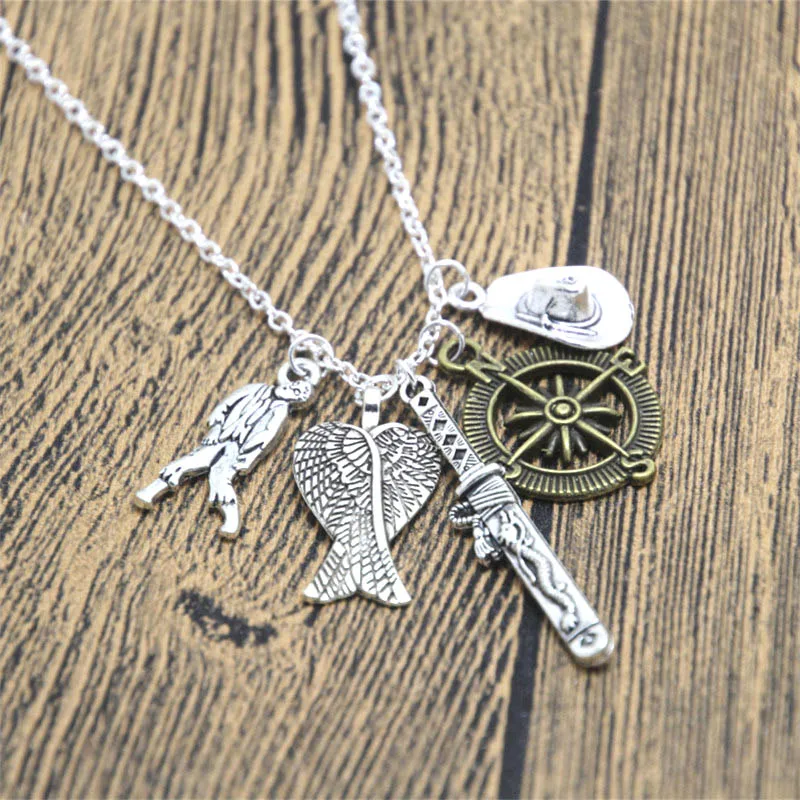 

12pcs/lot The Walking Dead Inspired zombie Angel Wings Rick Daryl charm necklace geek silver tone