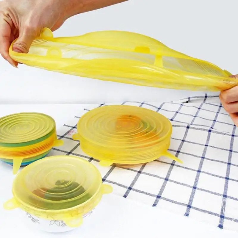 

6 Pcs Wraps Reusable Food Silicone Keep Fresh Food Sealed Vacuum Silicone Covers Seal Cap Stretch Saran Involves Organization