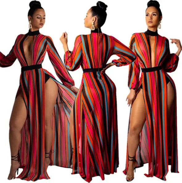 Для женщин в полоску с v-образным вырезом длиной макси платье Сексуальная