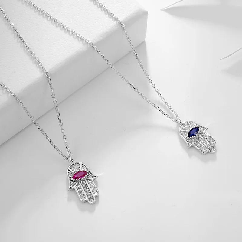Boho Blue Eye Real 925 Sterling Silver Zircon Hamsa Hand of Fatima Necklace Lady Crystal Pendant Jewelry Choker Vintage Necklace