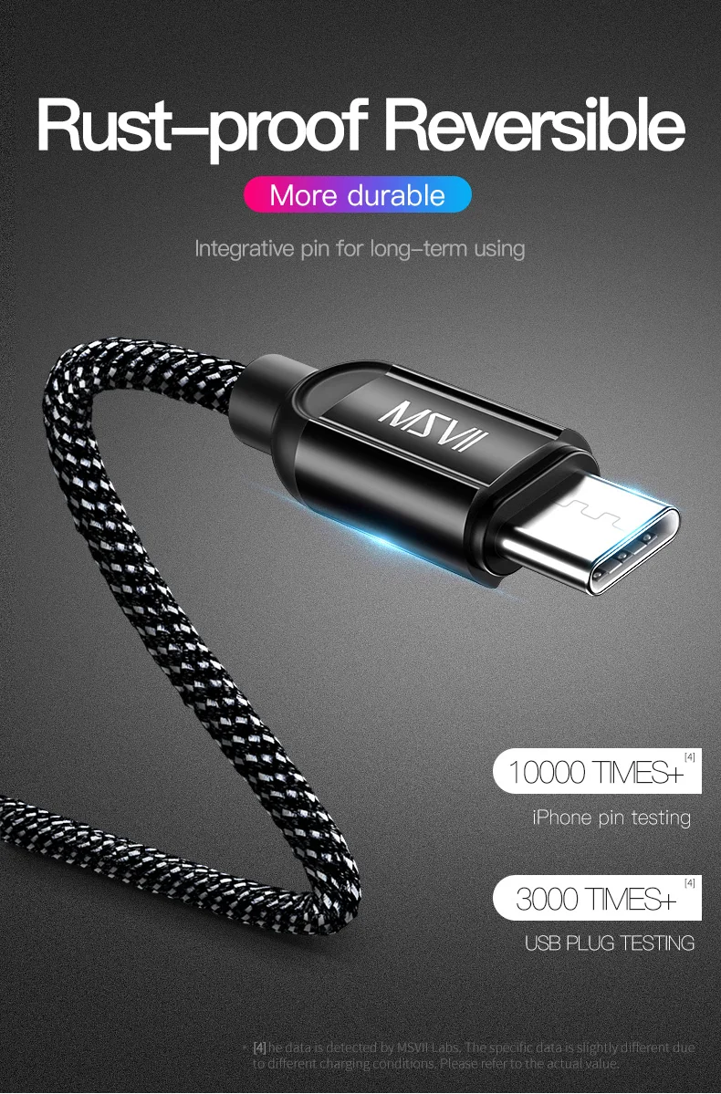 Msvii usb type-C кабель для быстрой зарядки type-c 3,0 кабель для передачи данных зарядное устройство для телефона samsung S9 S8 Note 9 8 Xiaomi Mi8 Mi6 A2 Для huawei