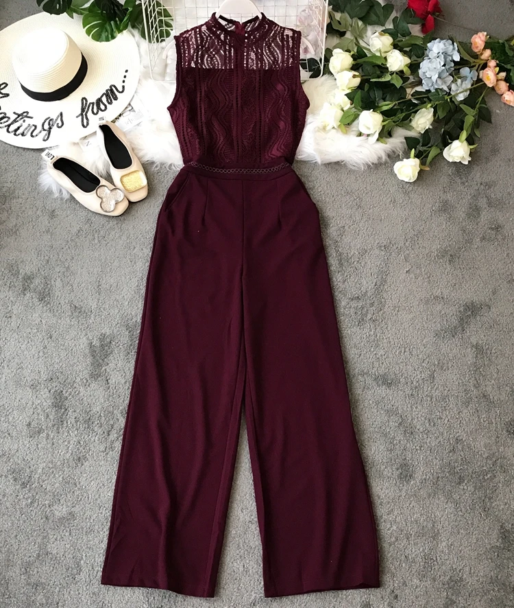 2019 Новое Женское резное кружевное лоскутное комбинезоны Модные без рукавов с