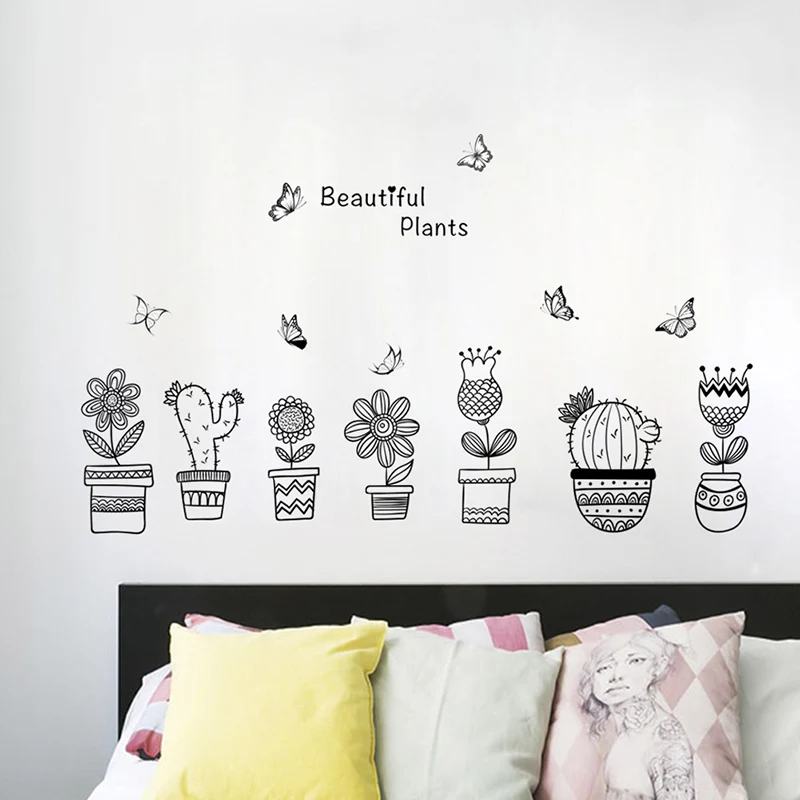 

Creative Flowerpot With Butterfly Wall Stickers Living Room Bedroom Home Decoration Cactus Girasol Mural PVC Art Diy Plant Decal