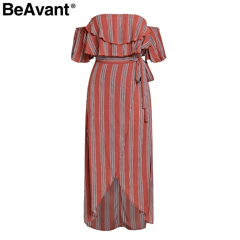 Striped BeAvant Полосатое женское летнее платье с открытыми плечами, элегантное льняное длинное платье с рюшами, повседневное пляжное сексуальное платье с открытой спиной для женщин - Цвет: Striped