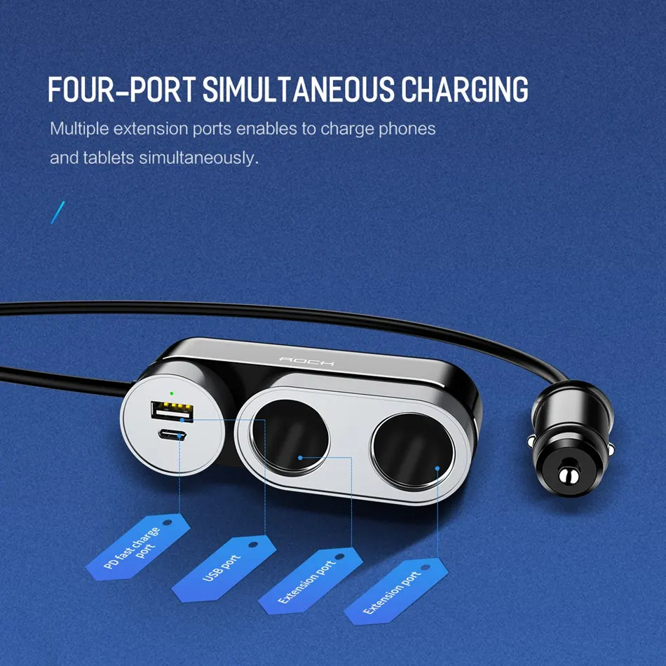 ROCK USB Автомобильное зарядное устройство type C PD автомобильное зарядное устройство для телефона 4 порта Автомобильный usb-адаптер прикуриватель автомобильное зарядное устройство для Xiaomi iPhone планшет