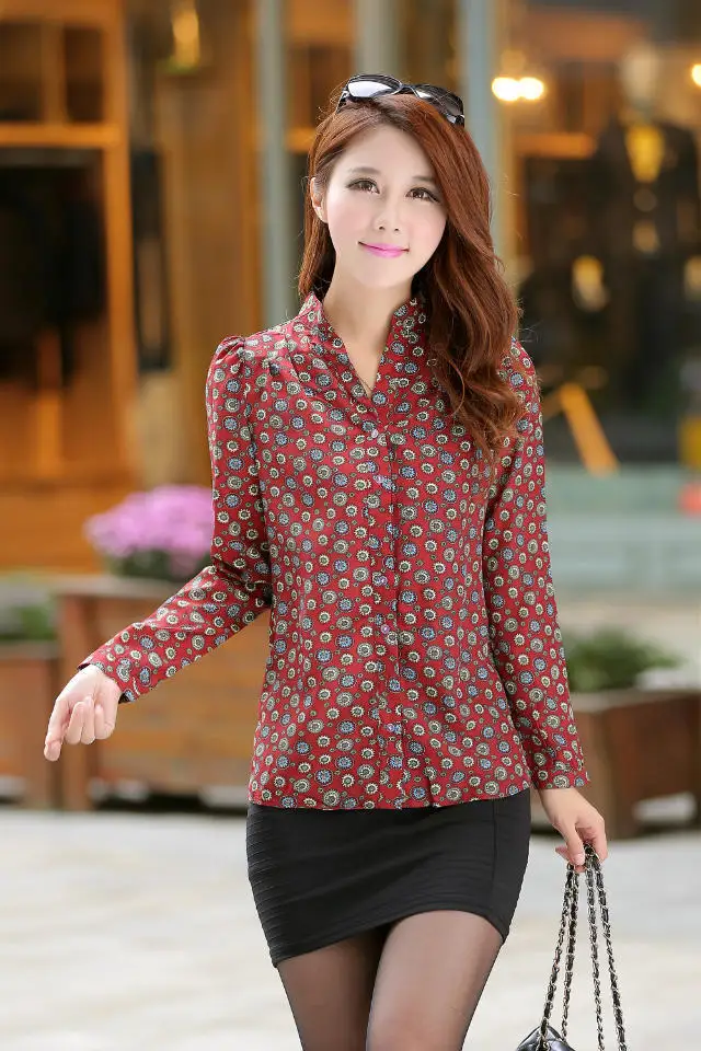 Женская шифоновая рубашка с длинным рукавом и воротником-стойкой | одежда