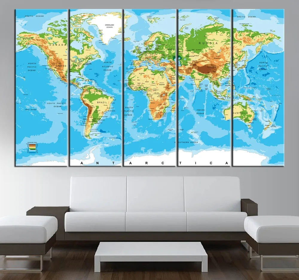 Горячее художественное оформление на 5 панелей Современная синяя карта мира