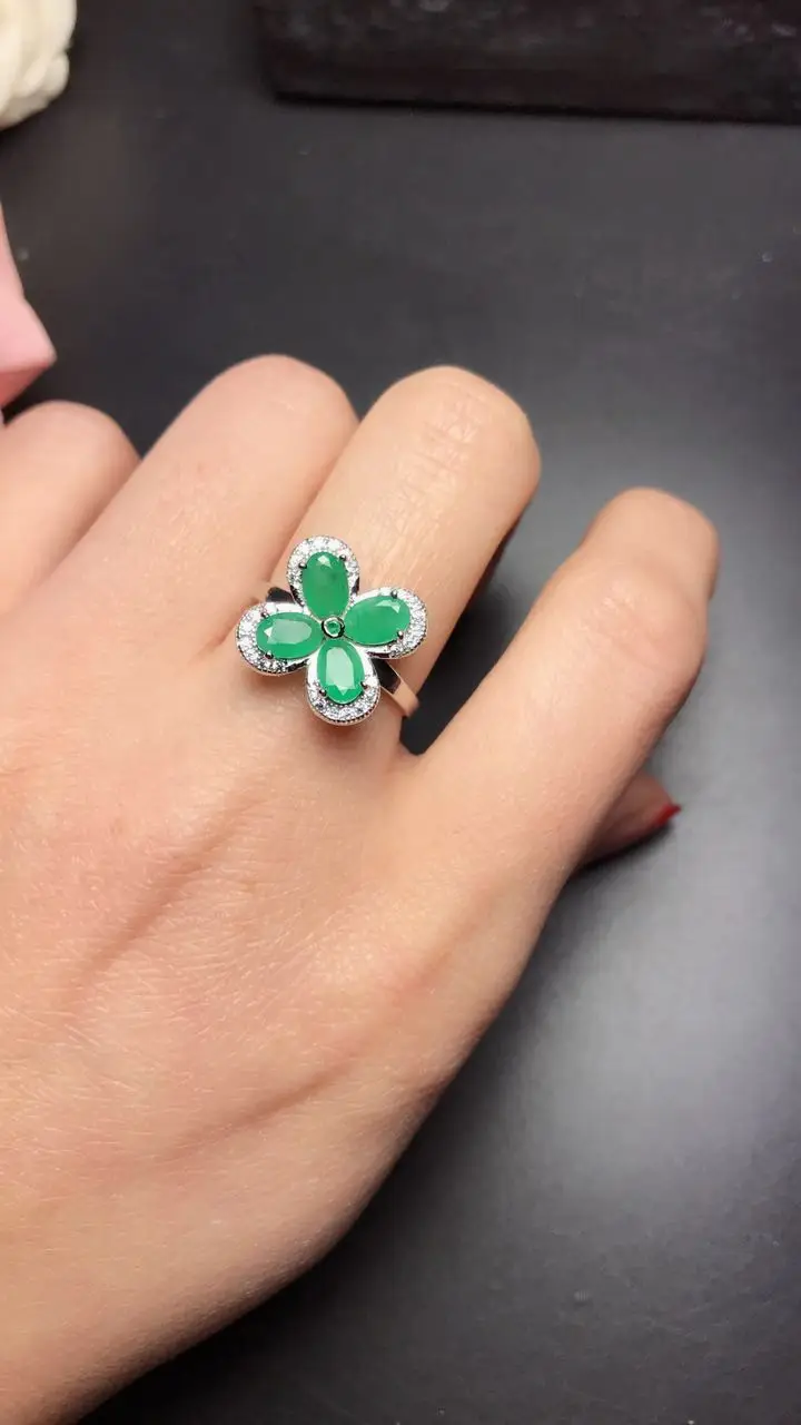Натуральное зеленое кольцо с изумрудом для указательного пальца из стерлингового серебра 925, стильное элегантное украшение счастливого листа клевера для женщин на вечеринке.