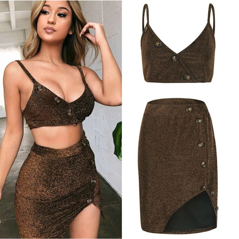 Лидер продаж 2019 для женщин Летние 2 шт. Bodycon наборы ухода за кожей Sequin Crop Top
