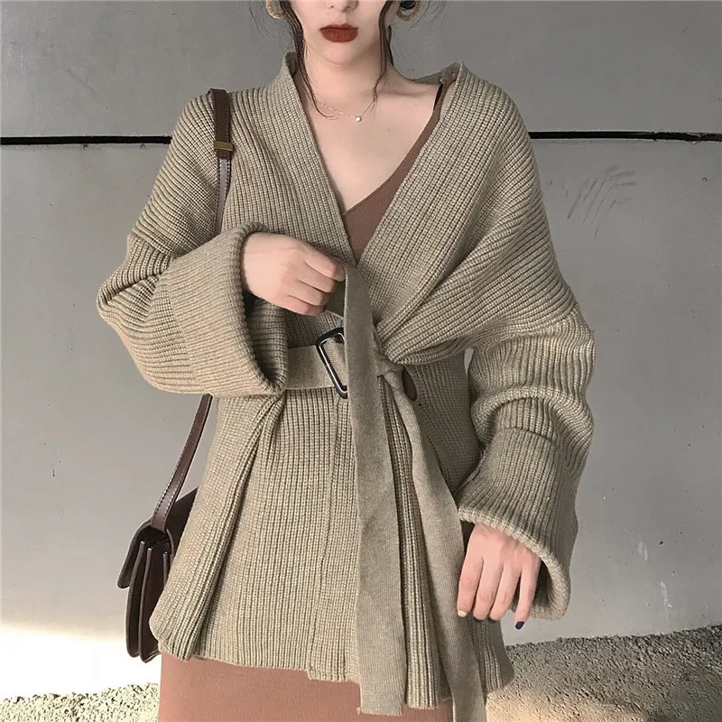 Sexy V-neck Full Sleeve Women Knitted Open Stitch Loose Sashes Sweater Cardigans Elegant Female Jumpers 2019 |