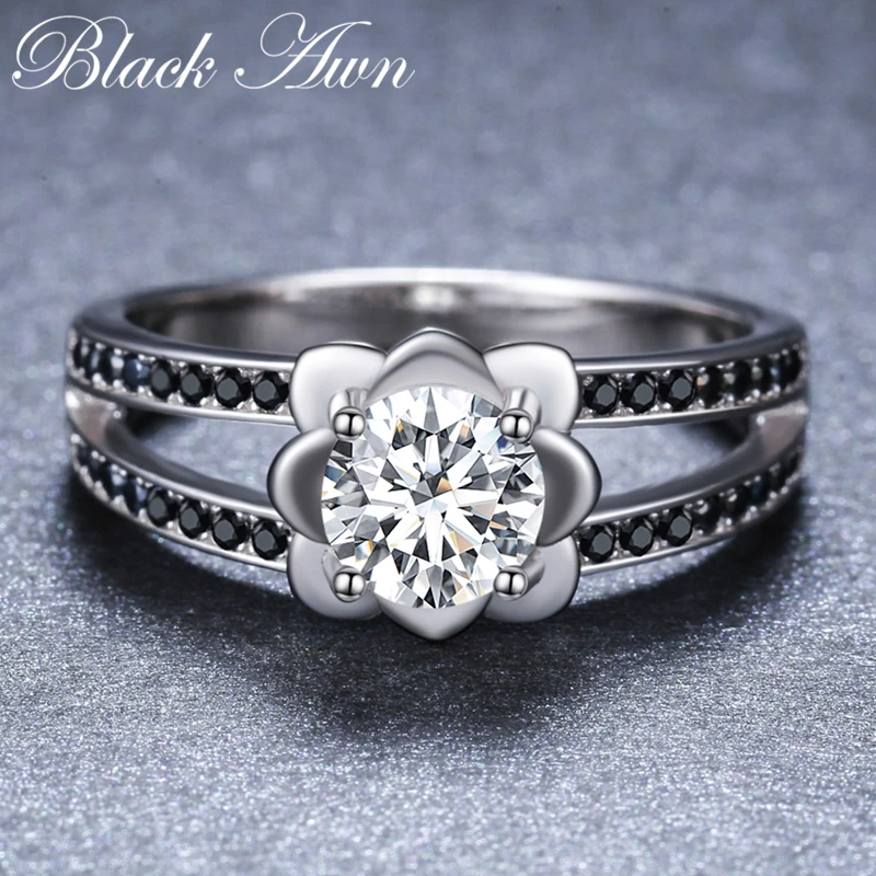

2019 New Fower 925 Sterling Silver Fine Jewelry Engagement Black Spinel Round Engagement Ring for Women Anillos Mujer G092