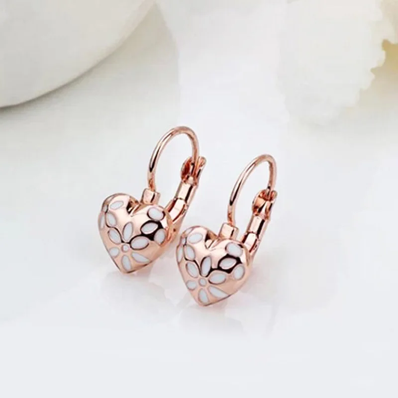 Ociki Rose Gold Color Austrian White Flower Heart Shape Crystal Earrings Office Jewelry for Women Girls Gift Drop Shipping | Украшения и