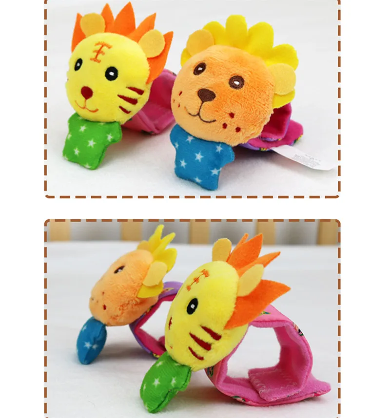 Мягкая детская погремушка с рисунками животных для детей 0-24 месяцев на запястье