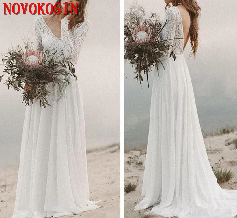 Beach Boho Wedding Dresses V Neck Backless Floor Length Chiffon A Line Applique Long Sleeve Bridal Gown Vestido | Свадьбы и