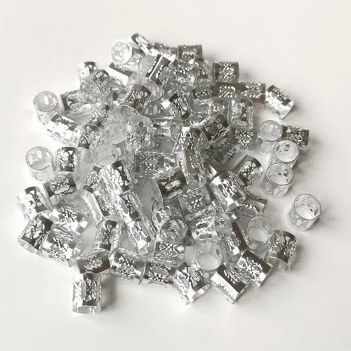 silver 100 шт./лот, серебристо-золотистая оплетка для волос, бусины-дреды, регулируемая манжета, зажим 8 мм, металлическая трубка с зажимом, аксессуары для самостоятельной сборки - Цвет: silver