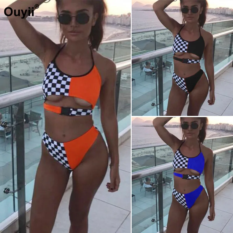 Сексуальный комплект бикини клетчатые сшитые купальники розетка раздельная