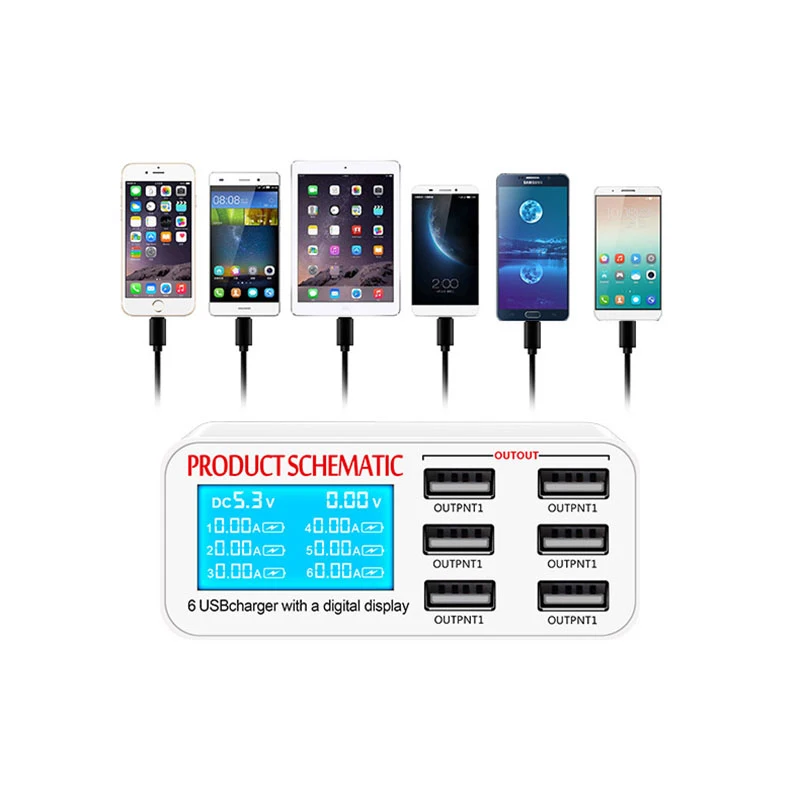 6A 30W 6-Port USB Fast Wall Charger Desktop Charging Station with LCD Display and Auto Detect Technology for iPhone iPad Samsung |