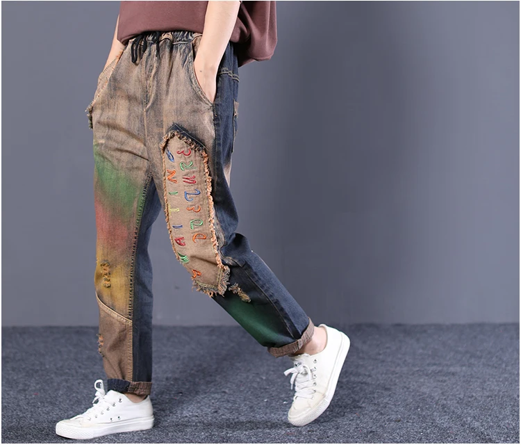 Autumn Denim Pants Women Loose Retro Elastic Waist Jeans Female New Embroidery Trousers Casual Embroidered Letter |