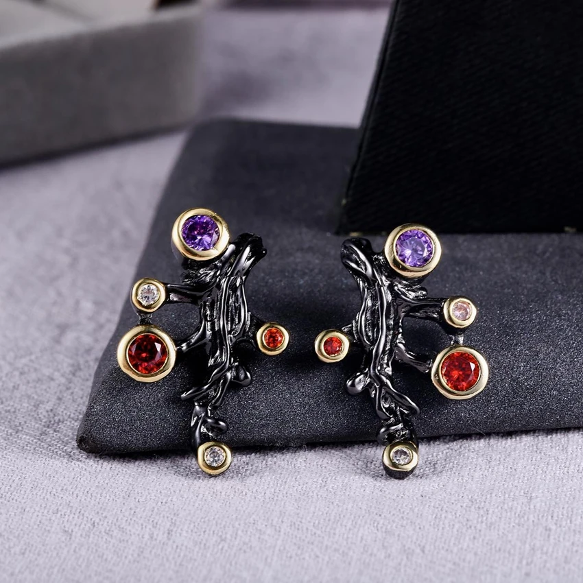 ZHE FAN Vintage Stud Earrings For Women AAA CZ Zirconia Black Gold Color Tree Branch 2 Tone Plating Jewelry Party Gift |