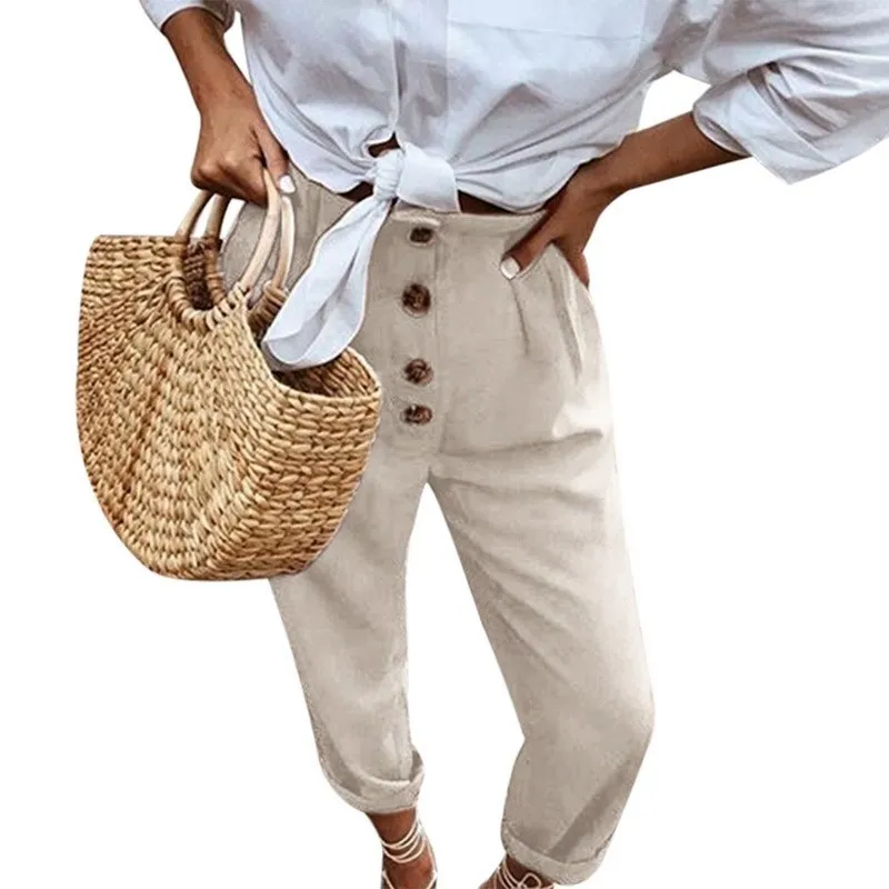 Женские шаровары из хлопка и льна повседневные с высокой талией пуговицами
