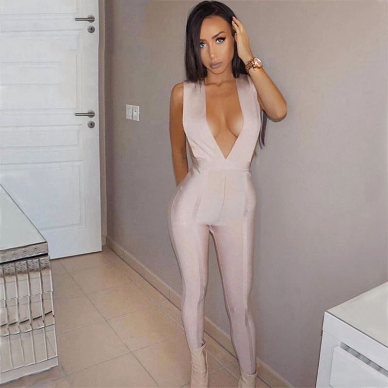 Herve Leger Babe женские Комбинезоны знаменитости взлетно-посадочной полосы Комбинезон Sexy Глубокий v-образным вырезом комбинезон выдалбливают женский комбинезон Bodycon Комбинезоны