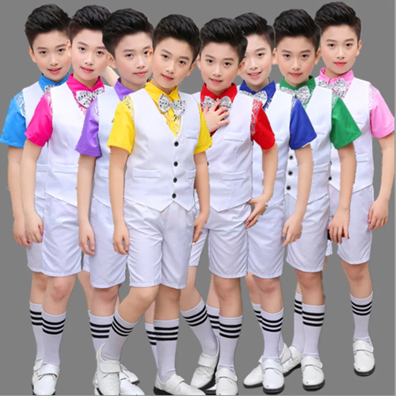

Jazz Dance Costumes Kids Colorful Short Sleeve Boys Suit Stage Outfit Children Street Clothes Hiphop Performance Wear DNV11599