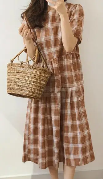 Хаки Women Summer Long Plaid Straight Dress Vestidos High Waist Blue Casual Maxi Robe Femme Loose Sukienki Sommerkleid Jurken - Цвет: Хаки