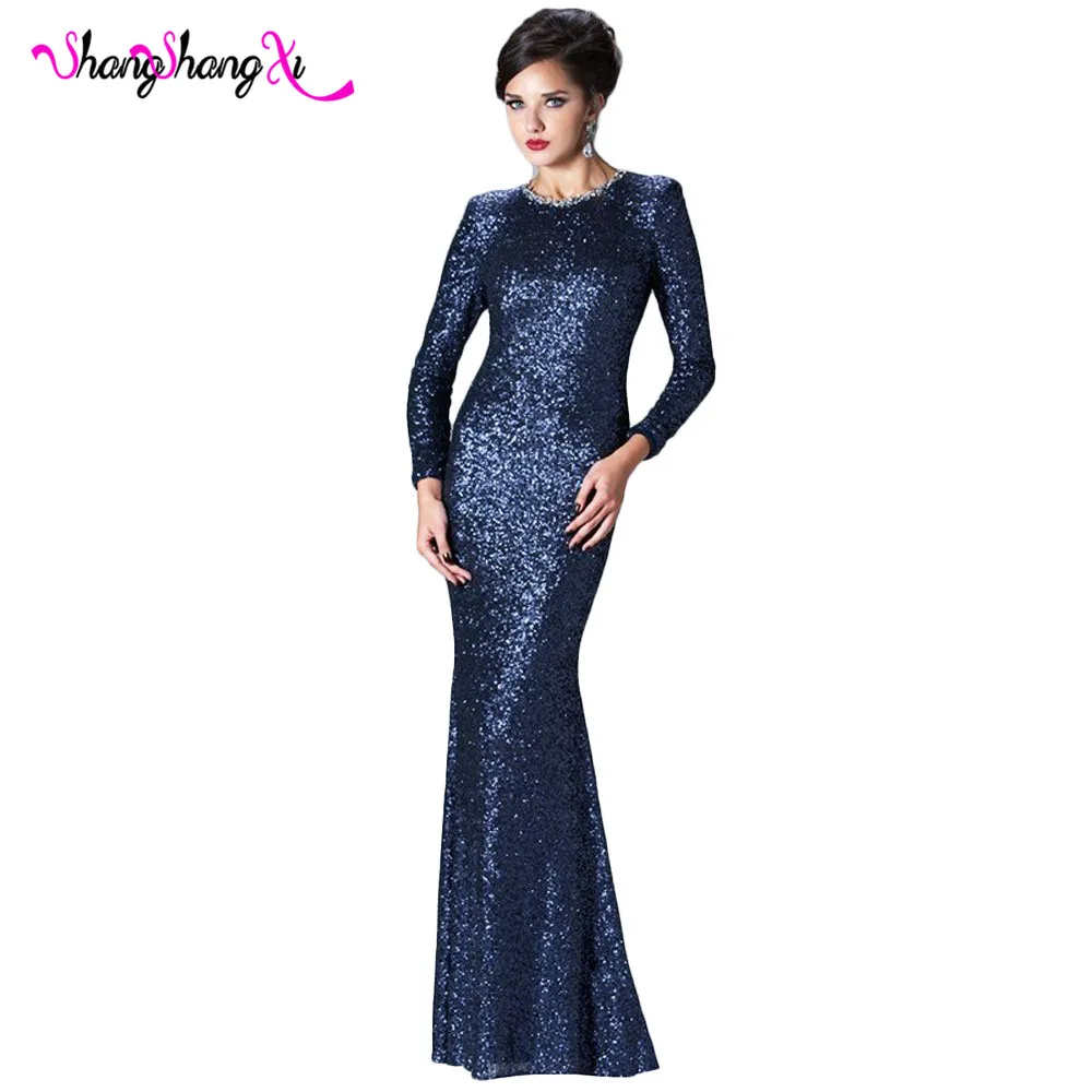 Роскошные золотые Темно синие Русалка блесток вечернее платье 2017 с круглым