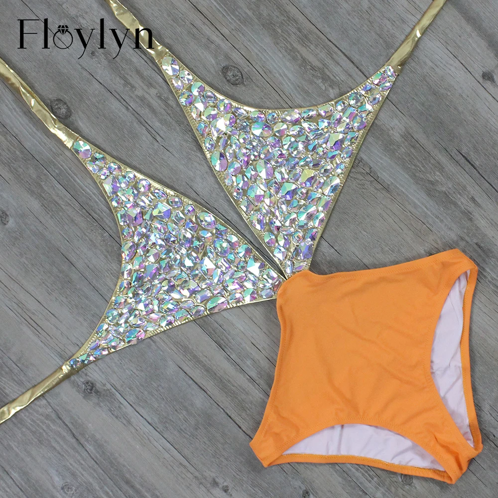 Floylyn стразы, цельный женский купальник, сексуальный, с вырезами, роскошный, с бриллиантами, купальник с открытой спиной, с кристаллами, золотой, купальный костюм - Цвет: Оранжевый