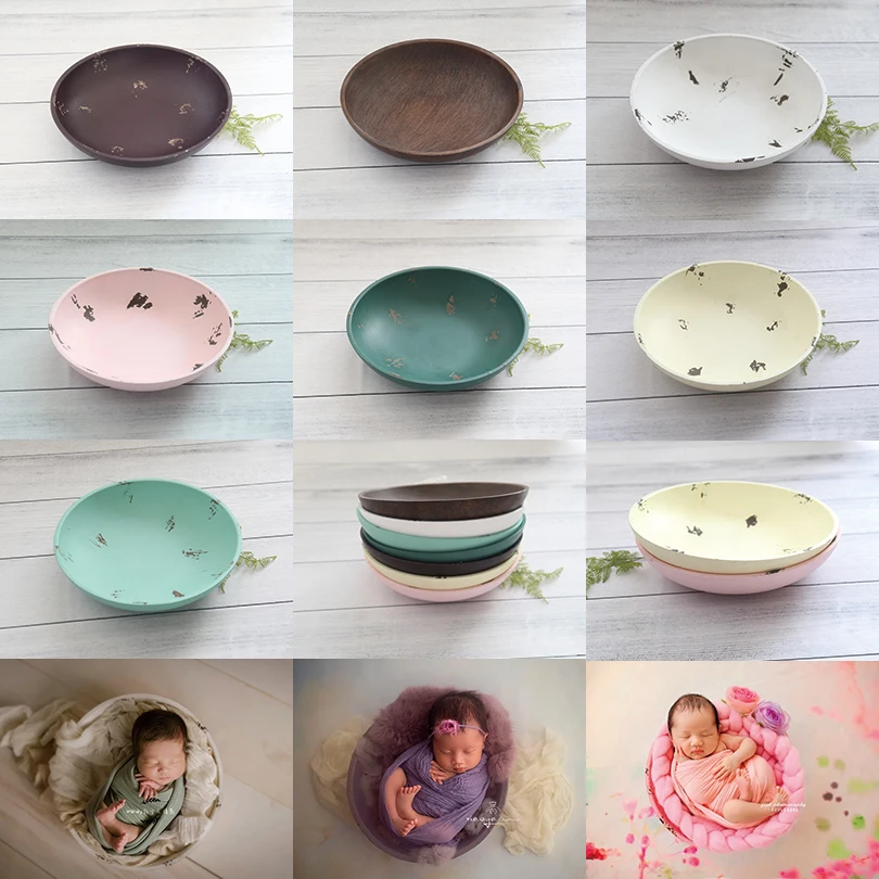 Vintage Newborn Photo Posing Bowl Baby girl sitter Wooden Bowl Photography props Rustic