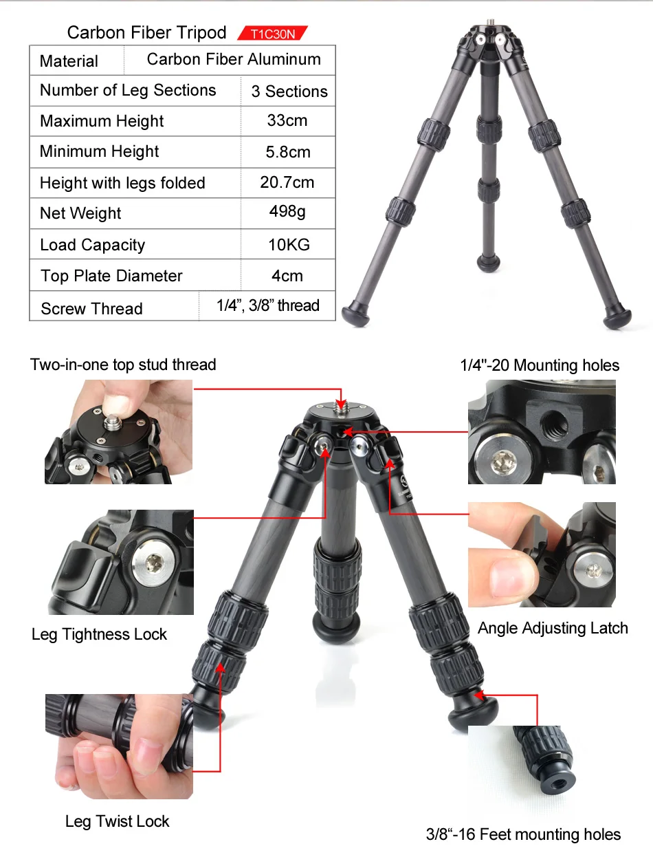 SUNWAYFOTO T1C30N светильник маленький мини карбоновый штатив для Dslr камеры Профессиональный карбоновый штатив для телефона Аксессуары для камеры видео