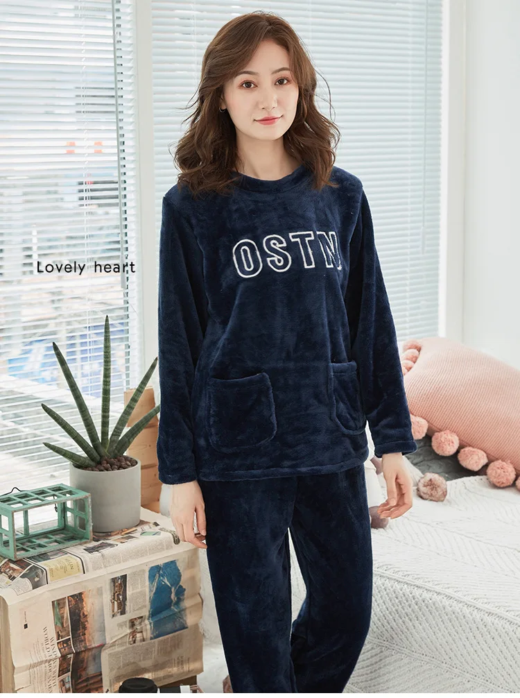 Women Sleepwear Pyjama Suit Embroidery Thick Warm Cute Sleep Pajamas Set Girls Coral Fleece Pajamas for Women Flannel Homewear