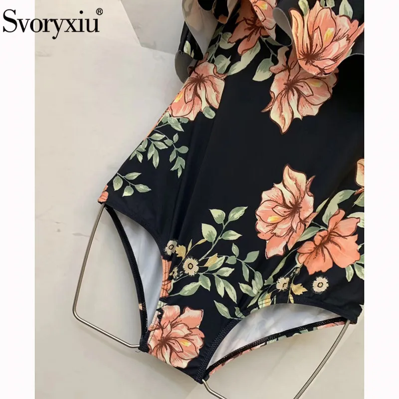 Женский пляжный костюм с оборками Svoryxiu черный элегантный купальник цветочным