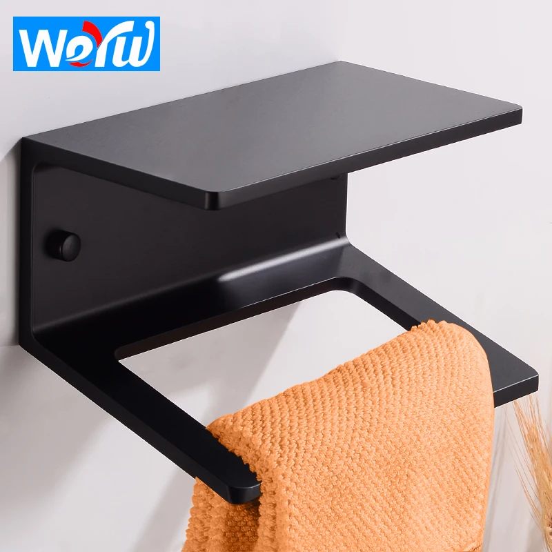 Bathroom Towel Ring with Shelf Black Towel Holder Wall Mounted Creative Towel Rack Hanging Holder Aluminum Corner Shelf Storage bathroom space aluminum towel shelf rack bathroom towel shelf bathroom storage shelf towel rack m72006
