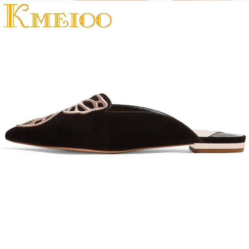 Kmeioo 2018 Лидер продаж модная дамская обувь с вышивкой Шлёпанцы острый носок