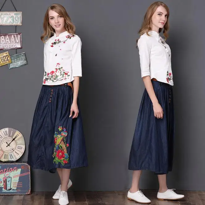 DTYNZ 2019 весенние женские длинные джинсовые юбки большого размера с вышивкой