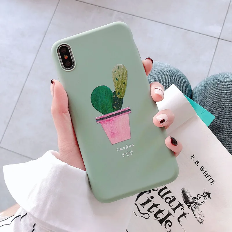 Summer Cactus Art Korea Phone Case For iPhone 6 6S 7 8 Plus Matte Silicone Cases for X XS Max XR Couple Back Cover Coque | Мобильные