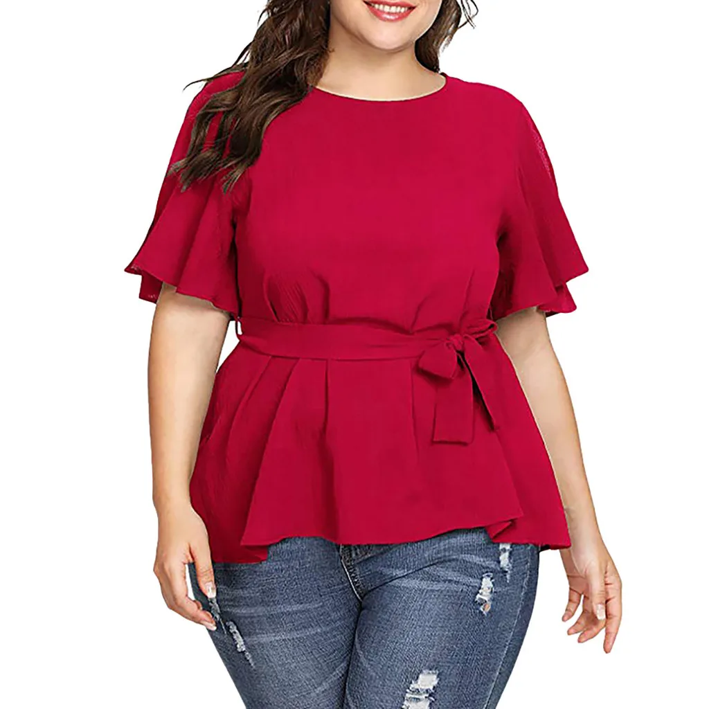 

Plus Size Summer Fashion Belted Bow Blouse Casual Ladies Loose Solid Tee Tops Female Women Short Sleeve Shirt Blusas Pullover