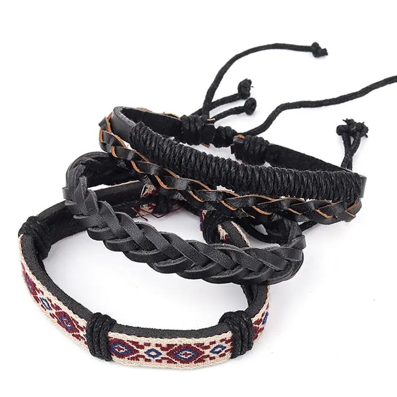 3 шт./лот мужские панк-рок кожа браслеты Регулируемые плетеные веревки ручной