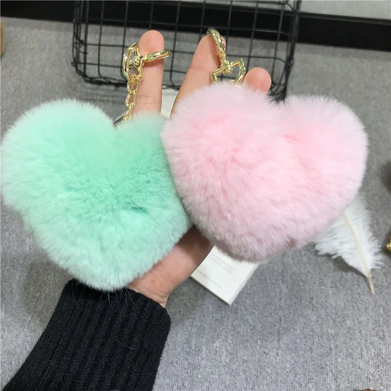 Брелок для ключей Corazon del melocoton Rex conejo pelo bola llavero amor felpa hebilla adornos en forma de corazon clave coche
