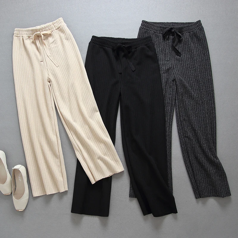 Брюки женские трикотажные с широкими штанинами и высокой талией на