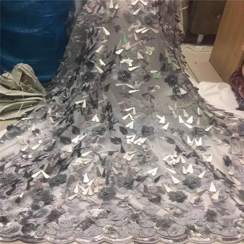 Африканский тюль кружевная ткань 3D бусины с бисером Высокое качество Черный