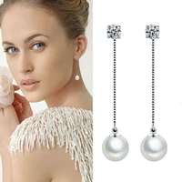 fashion silver color simulated pearl pendant long chain cubic zirconia long earrings bridal wedding pearl jewelry drop earrings