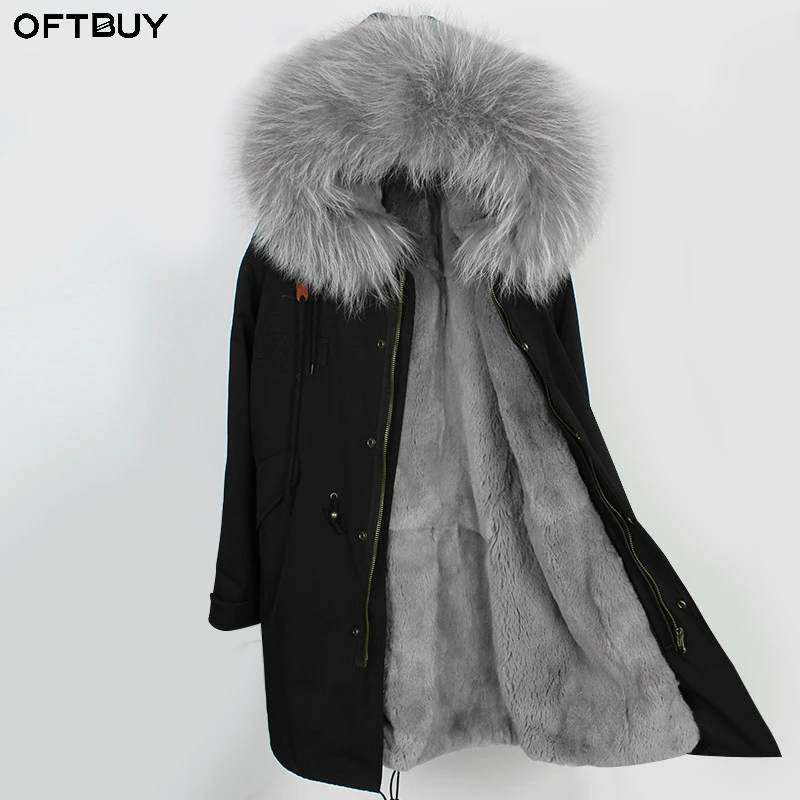 OFTBUY зимняя куртка женская длинная парка воротник из натурального меха енота подкладка из кроличьего меха Рекс Толстая теплая Роскошная уличная одежда