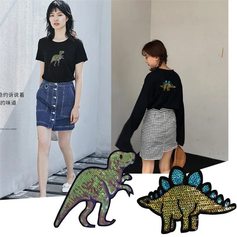 

Fashion Tops Shirt Girl Patch Clothes 15.5cm dinosaur Sequins deal with it Patches for clothing T shirt women Stickers