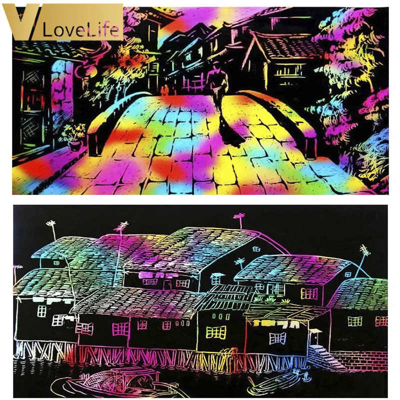 10pcs/lot 26*19cm Magic Color Scratch Art Paper Coloring Cards Available On Both Sides Scraping Drawing Toys For Children | Дом и сад