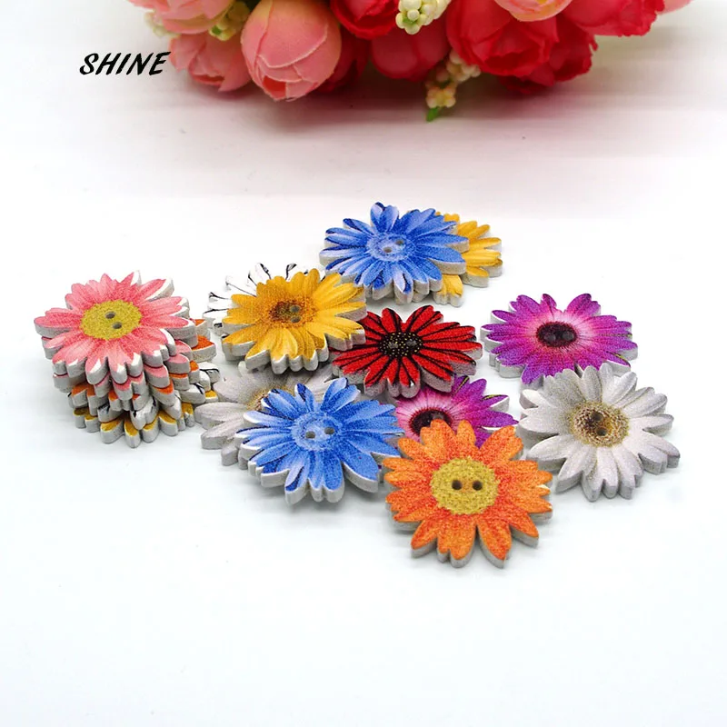 50 шт. деревянные швейные пуговицы Скрапбукинг в форме хризантемы Смешанные 2