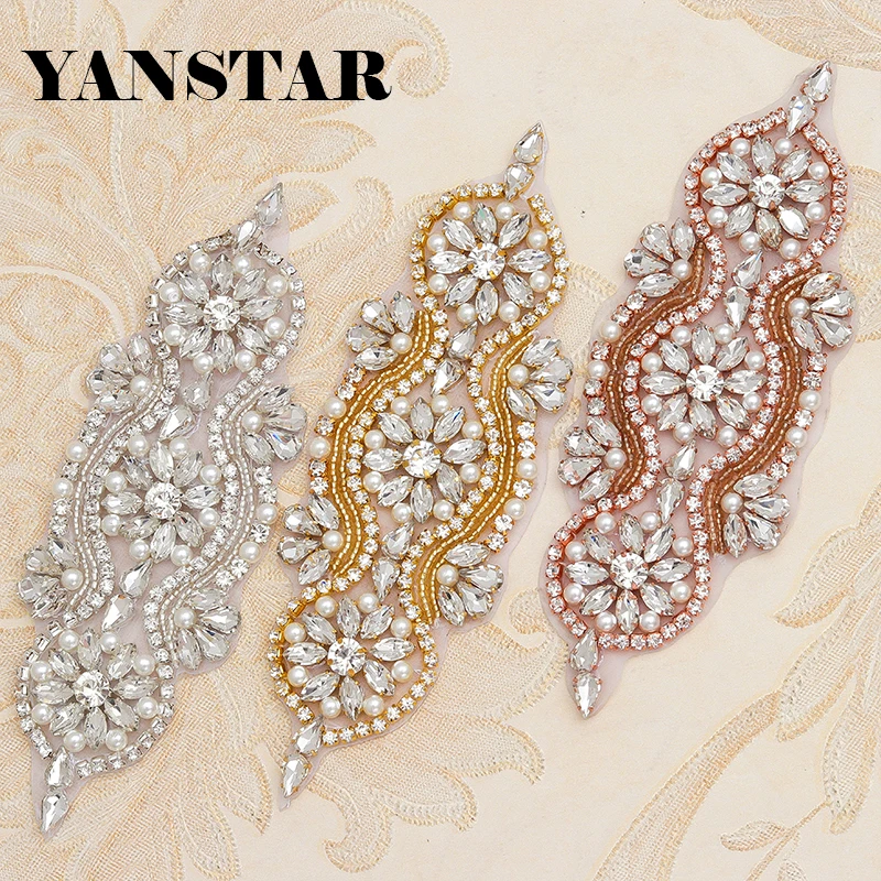 

YANSTAR (5pcs) Wholesale Top Rhinestones Appliques Clear Rose Gold Crystal With Bead Accessory For Bridal Gown Sash DIY YS842